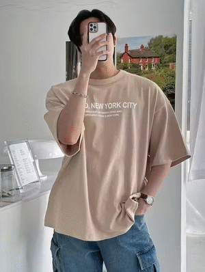 MENS STYLISH BEIGE COTTON BLEND OVERSIZED LOOSE FIT TSHIRT | Free Shipping front view showing design details