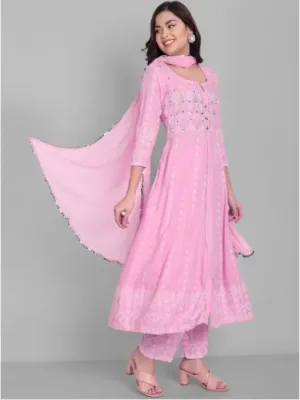 Women Pink Cotton Rayon Kurti Pant Dupatta Set | Free Shipping