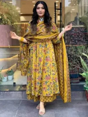 Women Yellow Cotton Rayon Kurti Pant Dupatta Set | Free Shipping