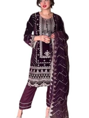 Stitched Velvet Embroidery Suit with Cording & Sequence