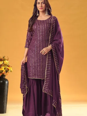 Stitched  Wine Georgette Embroidered Sharara Suit with Sequins | Festive Wear Dupatta Set for Women