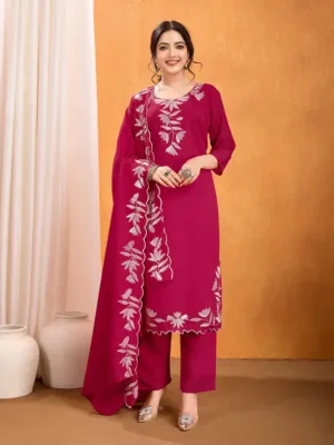 Floral Embroidered Straight Kurta with Salwar & Dupatta For Women